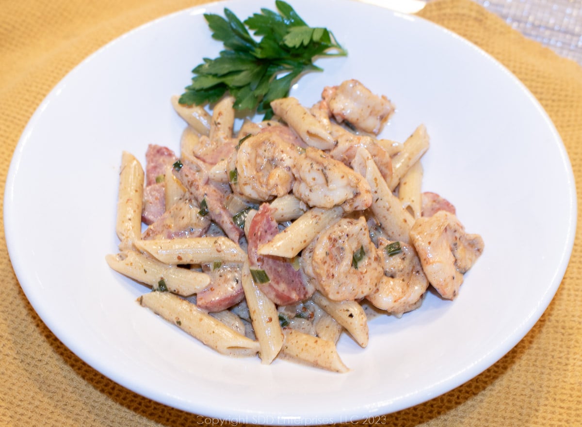 Shrimp and Andouille Sausage in a Creole Mustard Sauce.