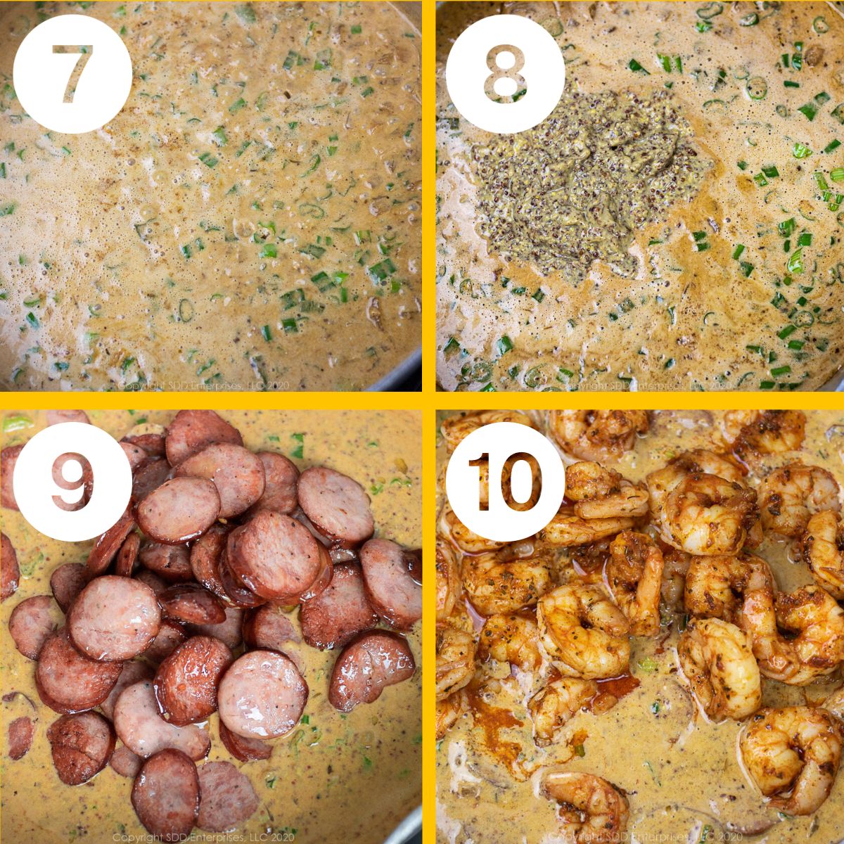 Steps to prepare shrimp and andouille pasta.