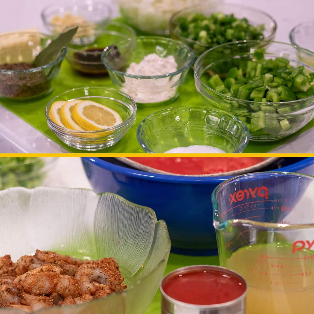 Mise en place, prepared ingredients for shrimp cxreole