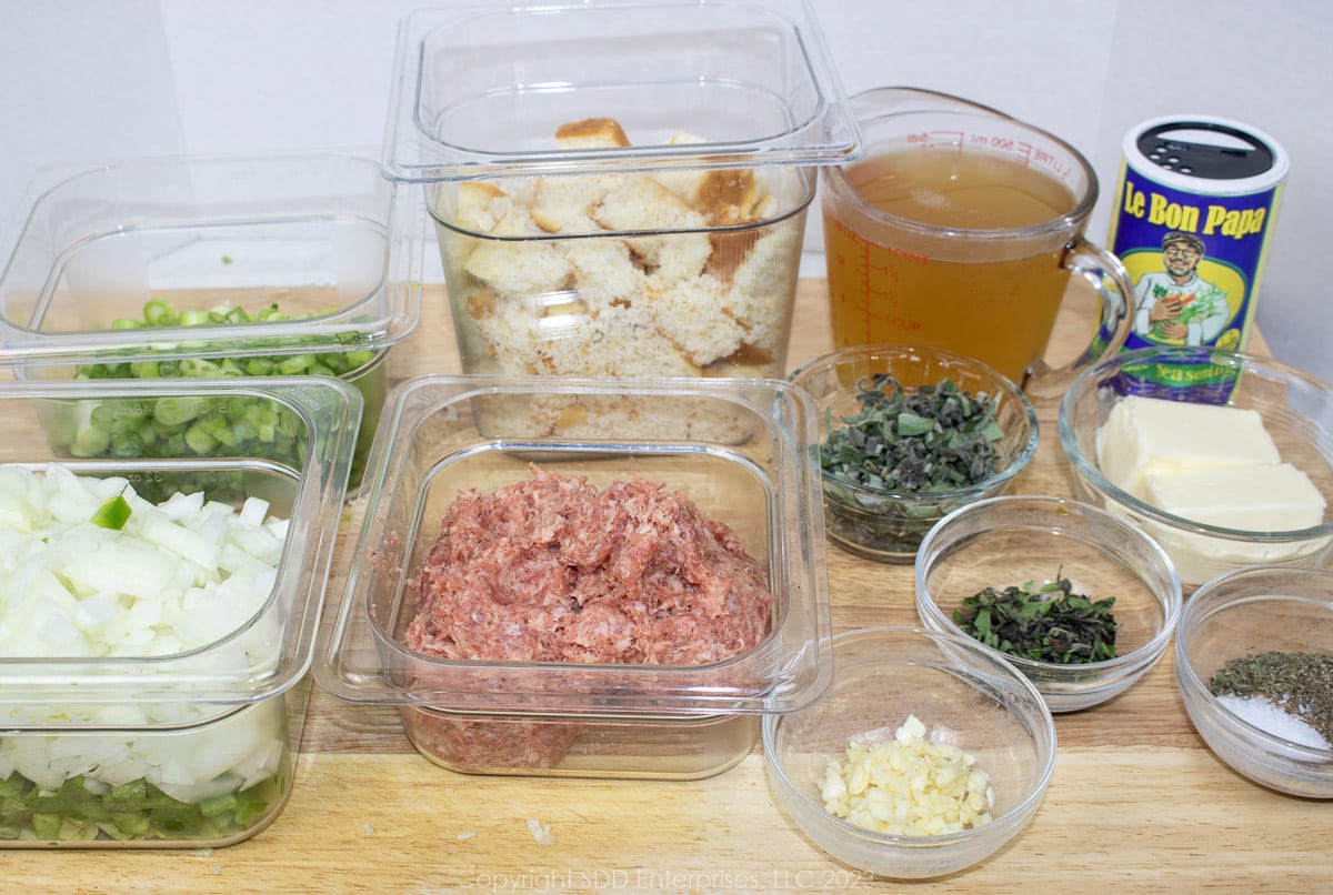 Prepared ingredients for cornbread dressing recipe.