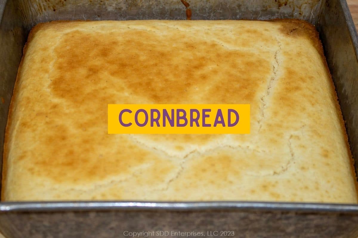 A pan of cornbread right out of the oven.