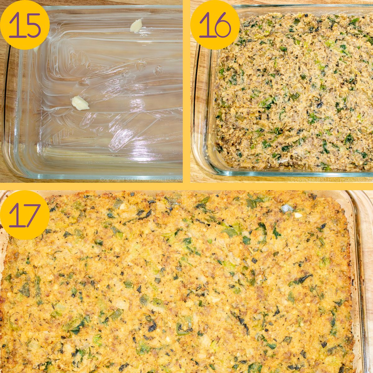 Preparing cornbread dressing baking dish before and after baking.