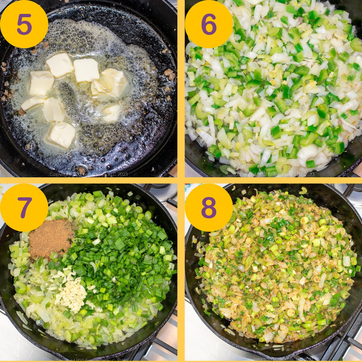 Steps to saute vegetables and seasonings in a cast iron skillet.