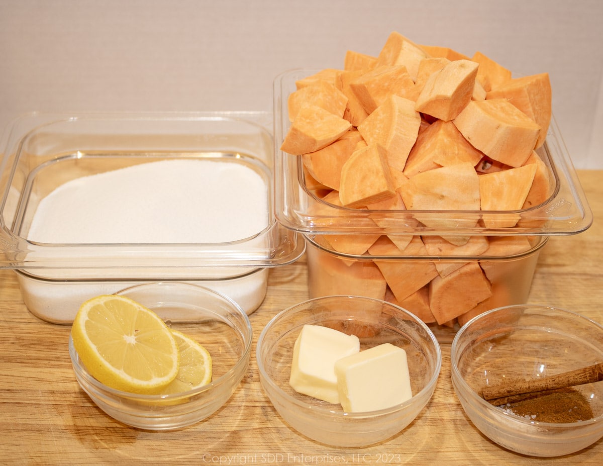 prepared ingredients for stovetop candied sweet potatoes.