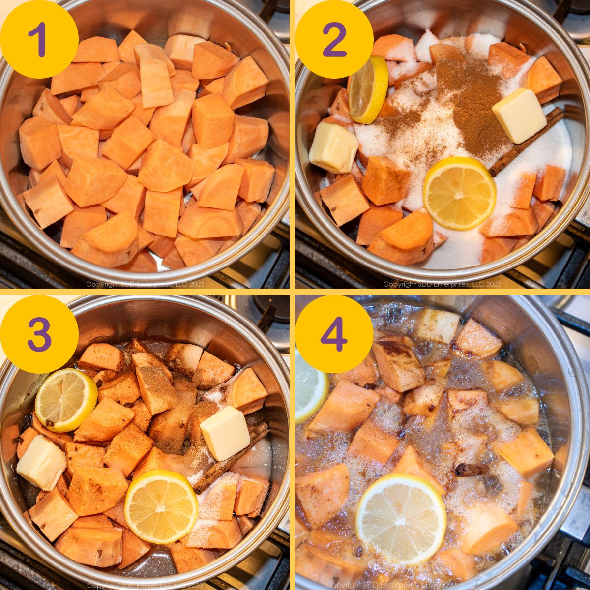 Steps for cooking candied sweet potatoes on a stovetop.