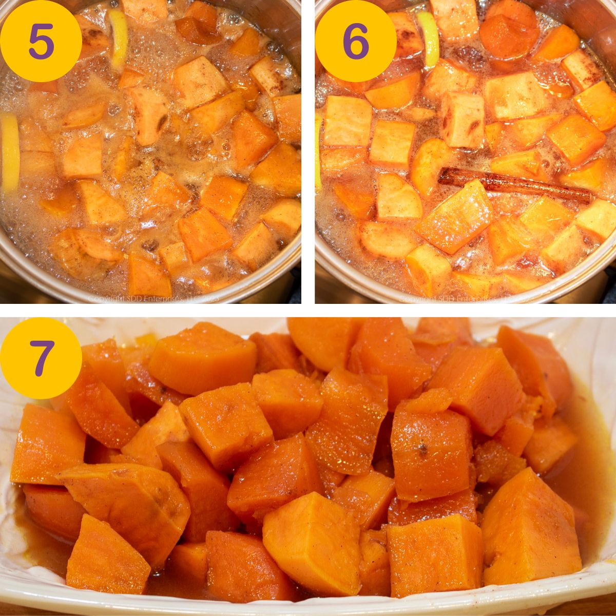 Steps for finishing candied sweet potatoes on a stovetop.