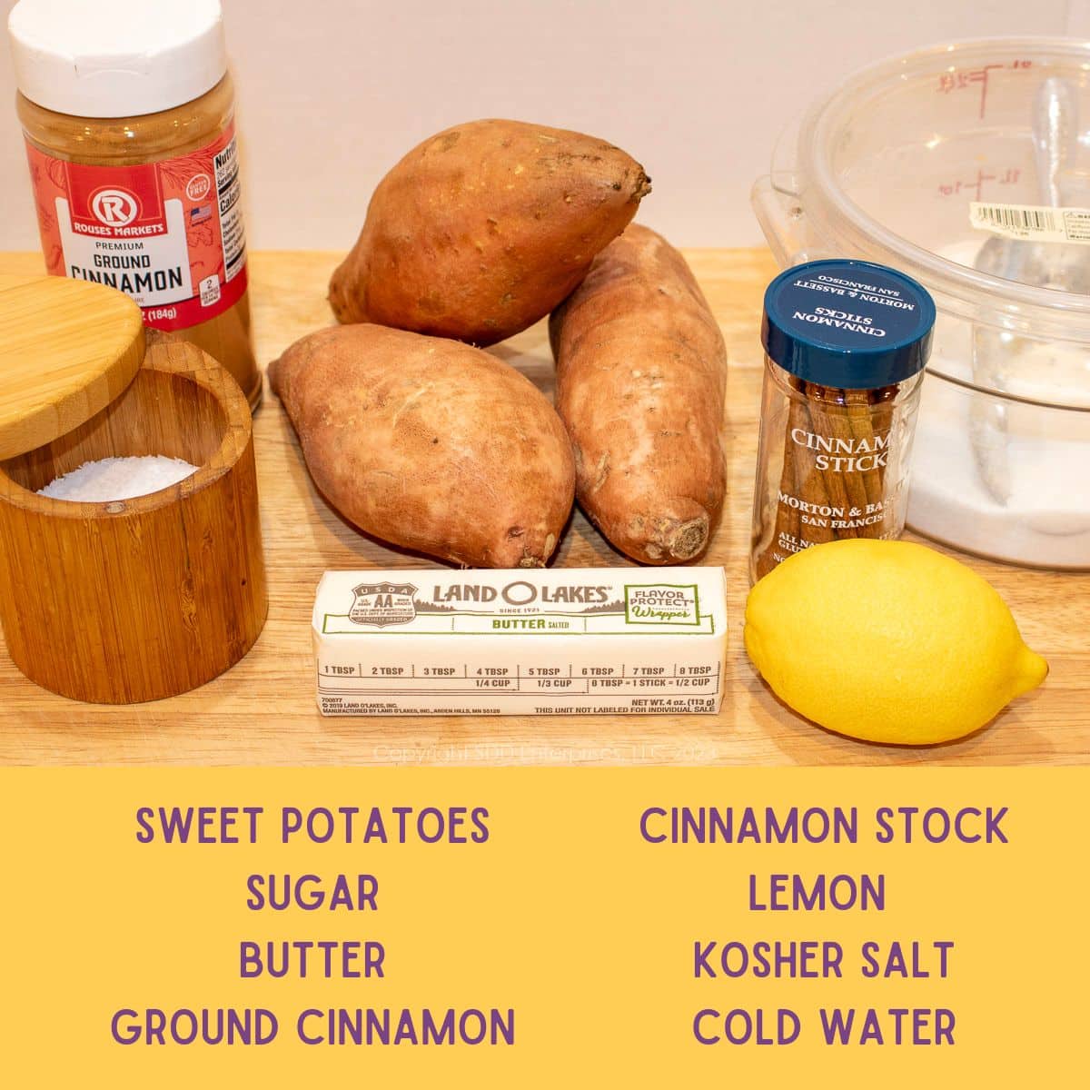 Ingredients needed for candied sweet potatoes.