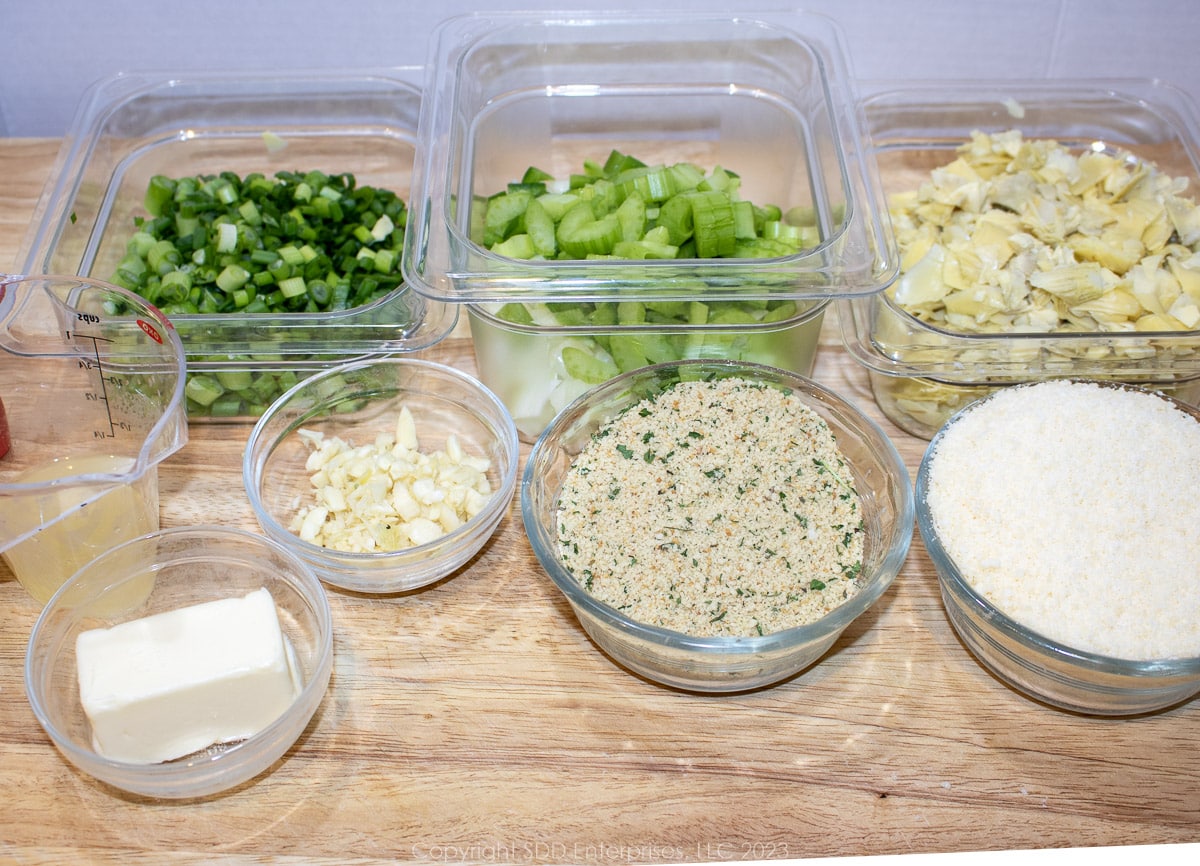 Prepared ingredients for stuffed mirlitons.