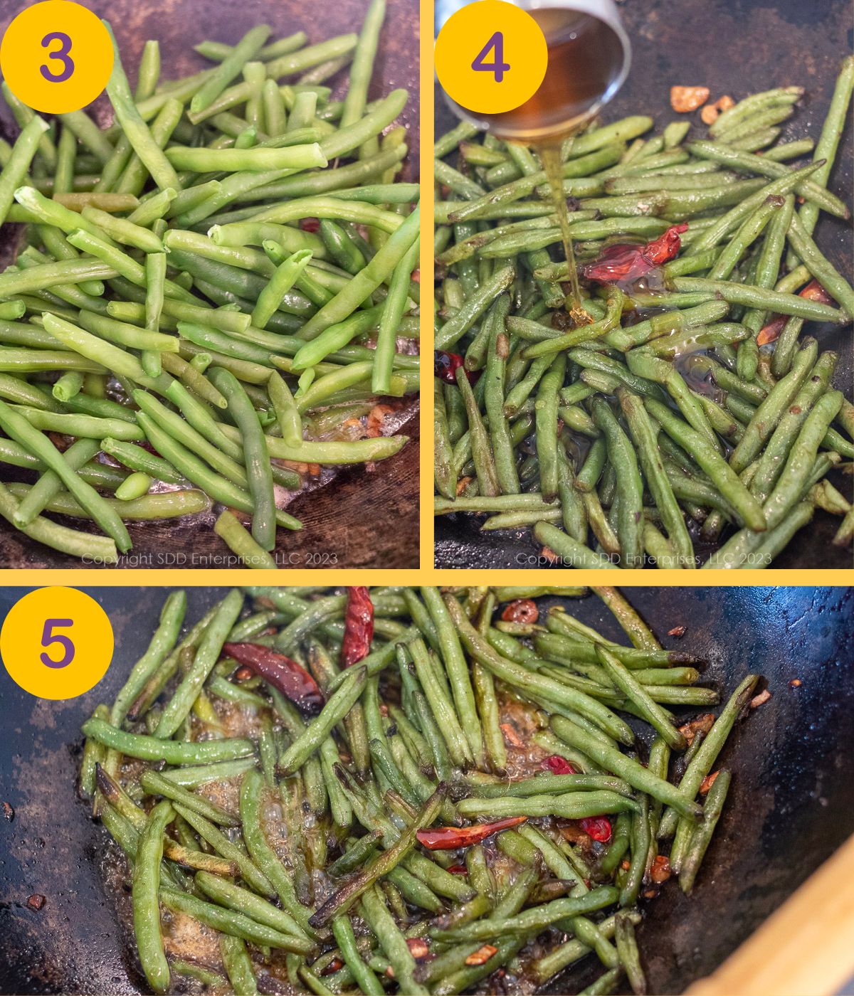 Finishing steps for sautéed green beans in a wok.
