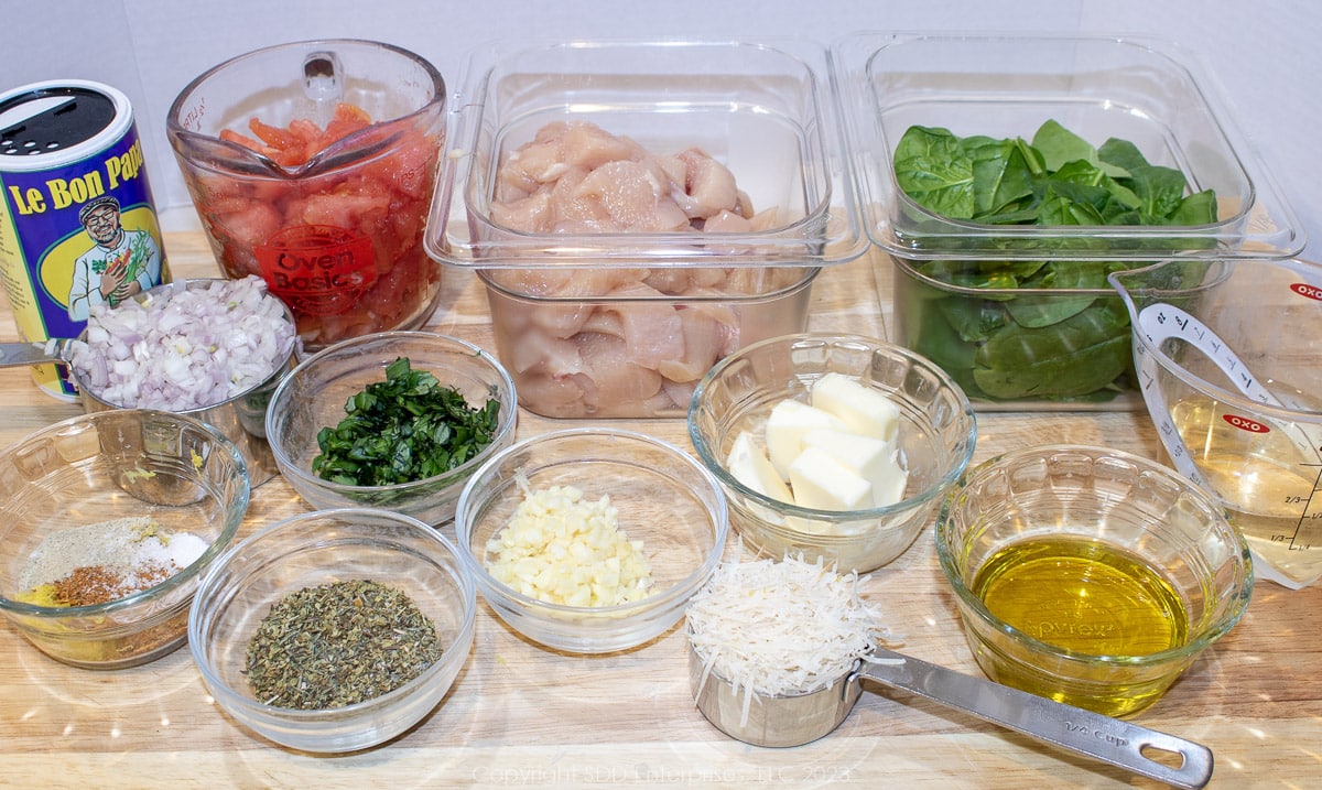 Prepared ingredients for chicken dish.