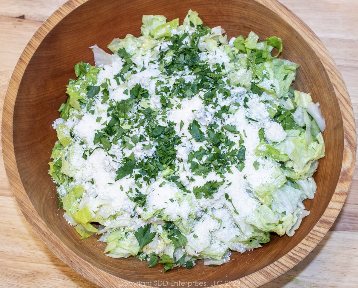 A Sensation Salad in a wooden salad bowl.