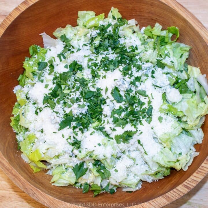 A Sensation Salad in a wooden salad bowl.