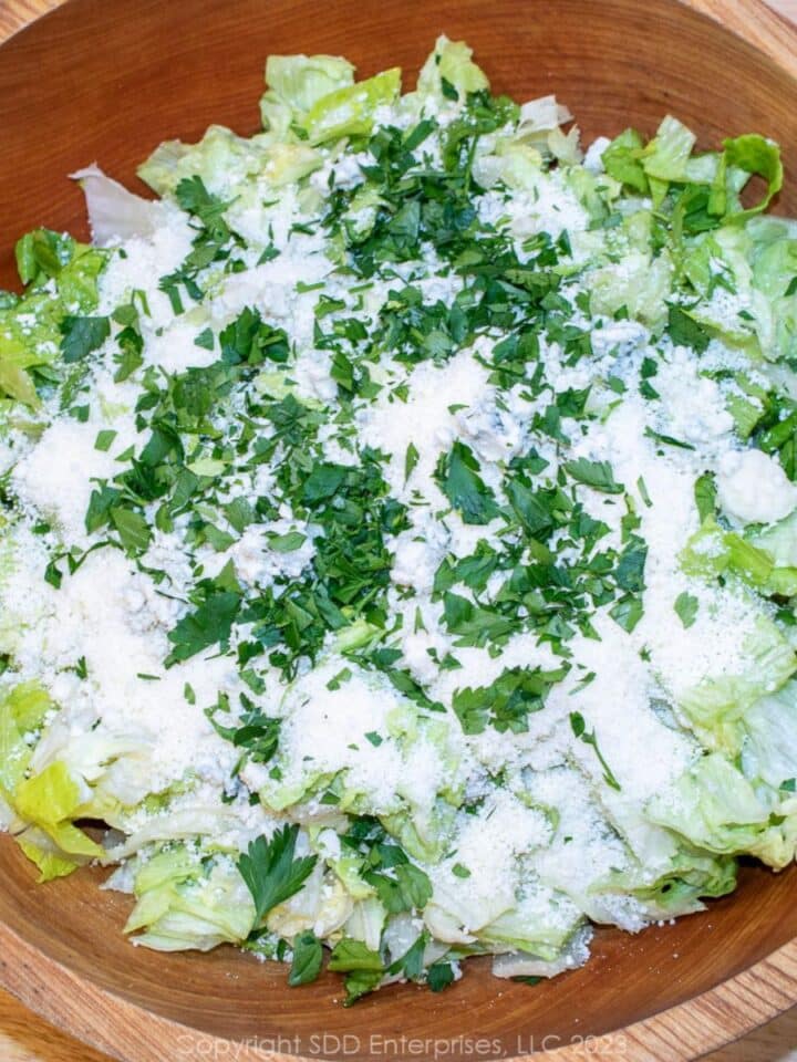 A Sensation Salad in a wooden salad bowl.