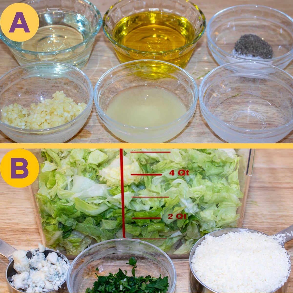 Mise en place steps for making salad.