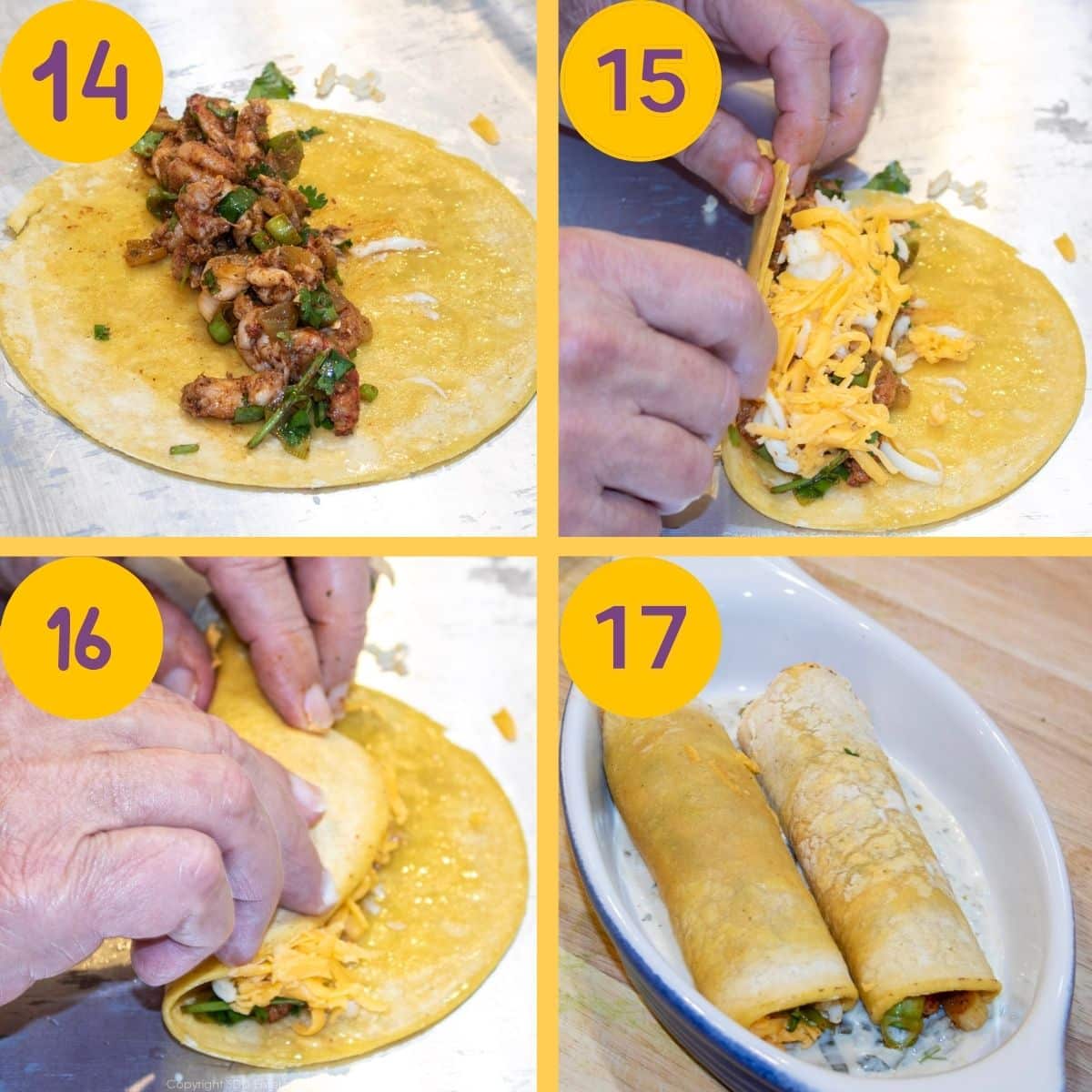 Instructional steps for rolling an enchiladas.