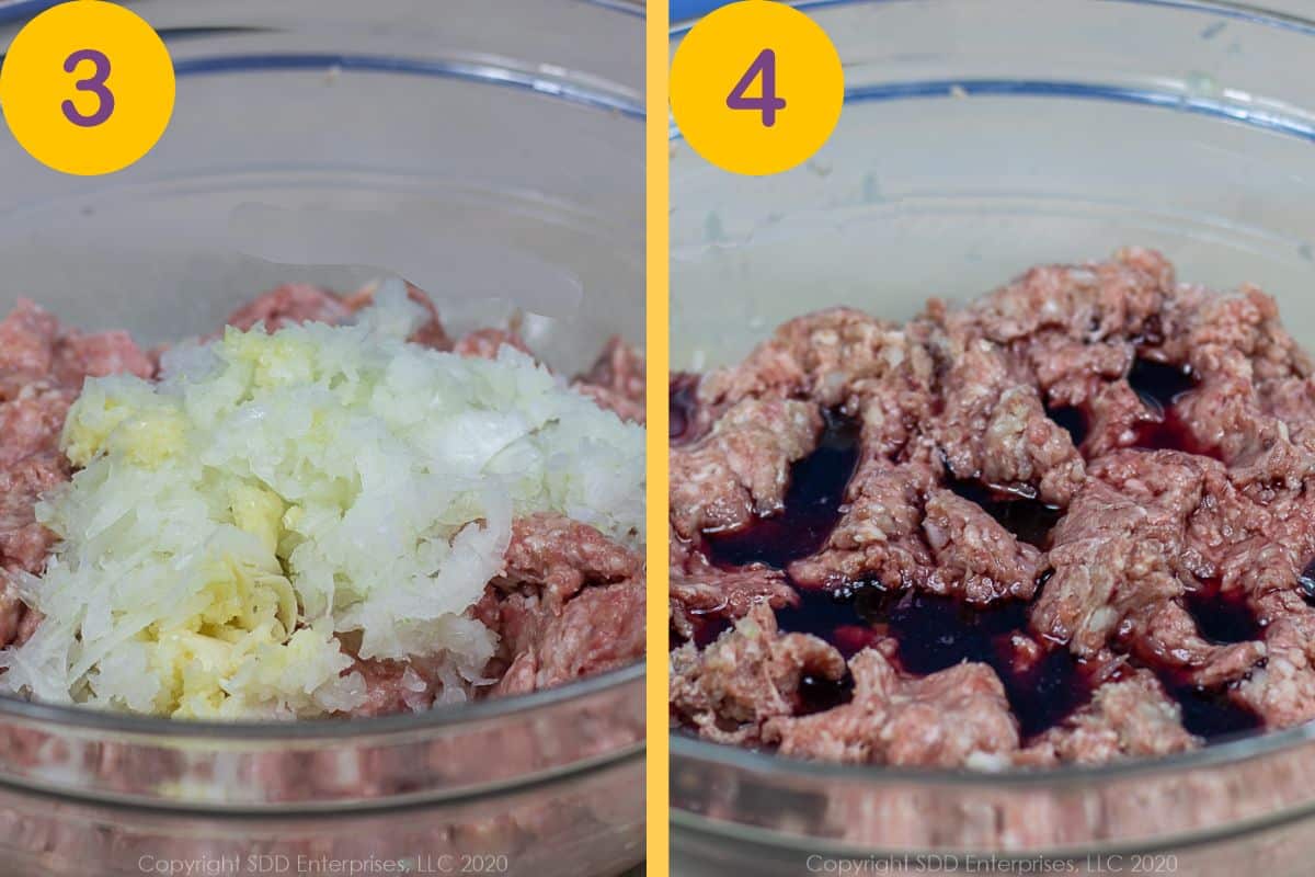 Steps to combine ingredients into ground meat.