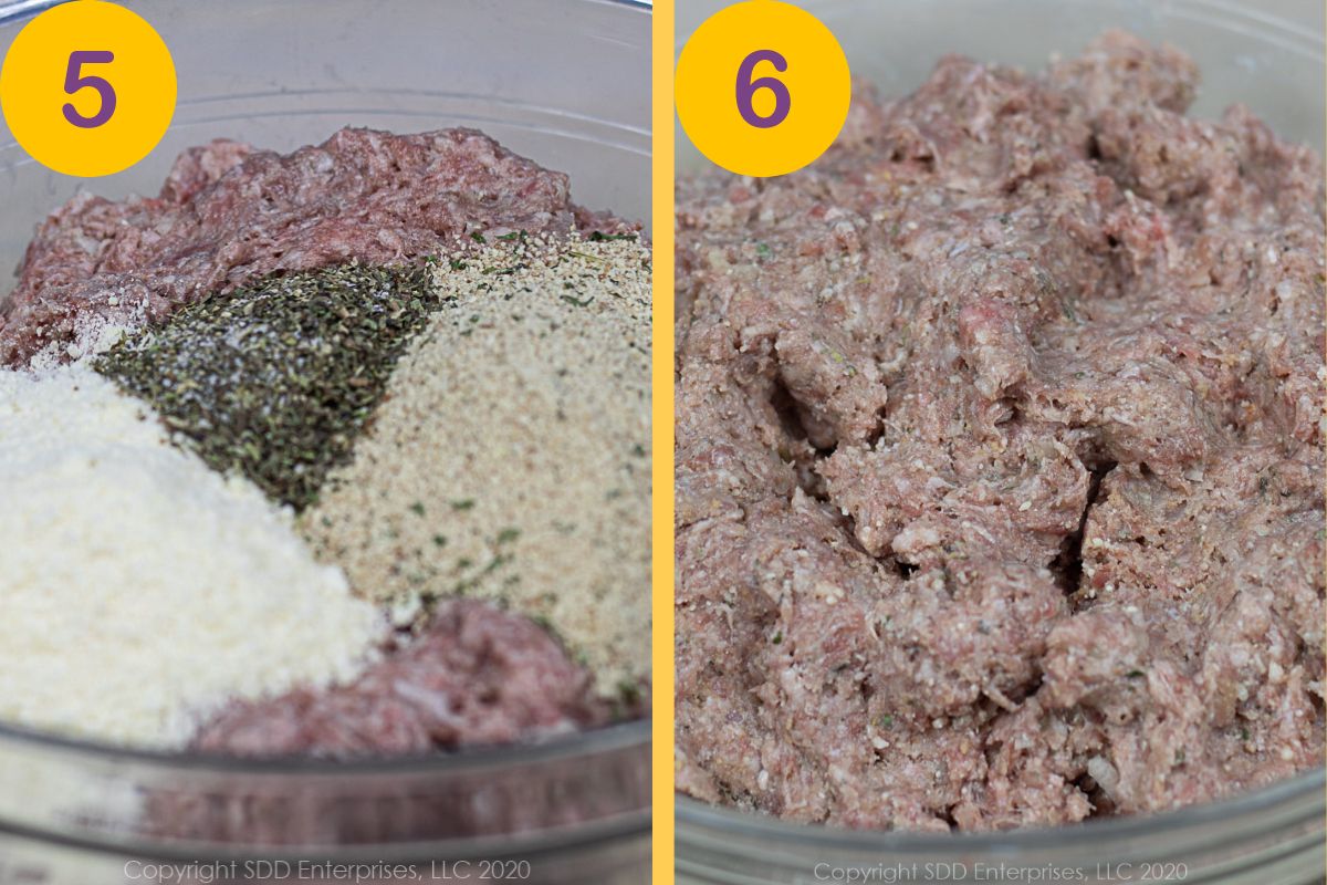 Final steps for adding ingredients for meatballs.