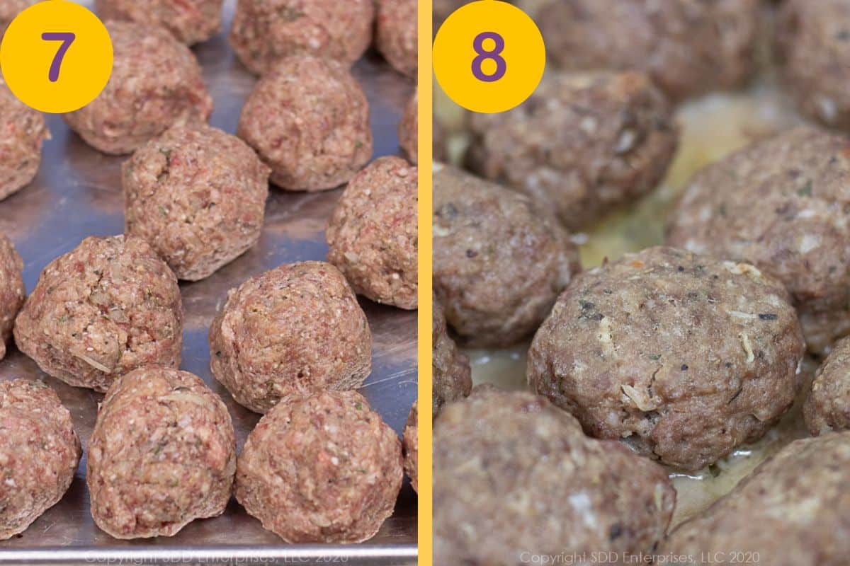 Steps to roll and bake meatballs.