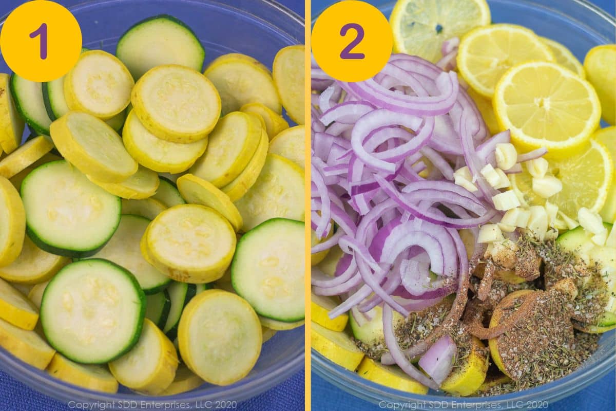 Initial steps to make sautéed yellow squash and zucchini. 