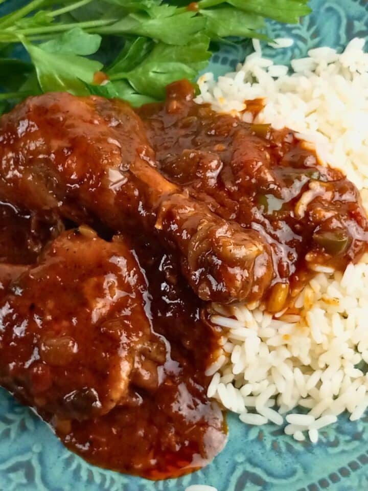 Chicken Sauce Piquant over rice with garnish on a blue-green plate.