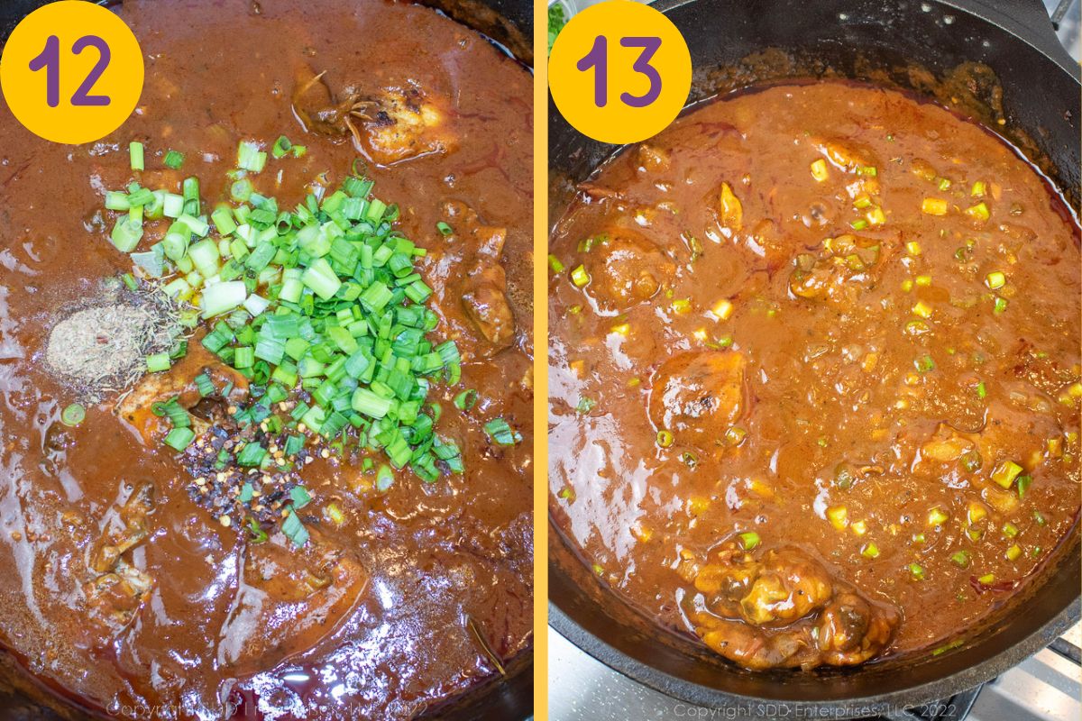 Smothering chicken in a spicy sauce.