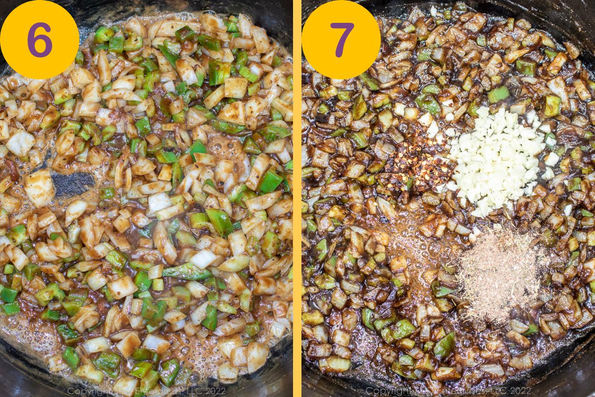 Sautéing vegetables and seasonings in a Dutch oven.