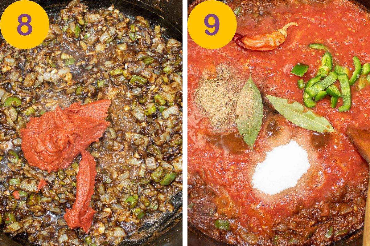 Tomatoes being added to sautéed vegetables and seasonings in a Dutch oven.