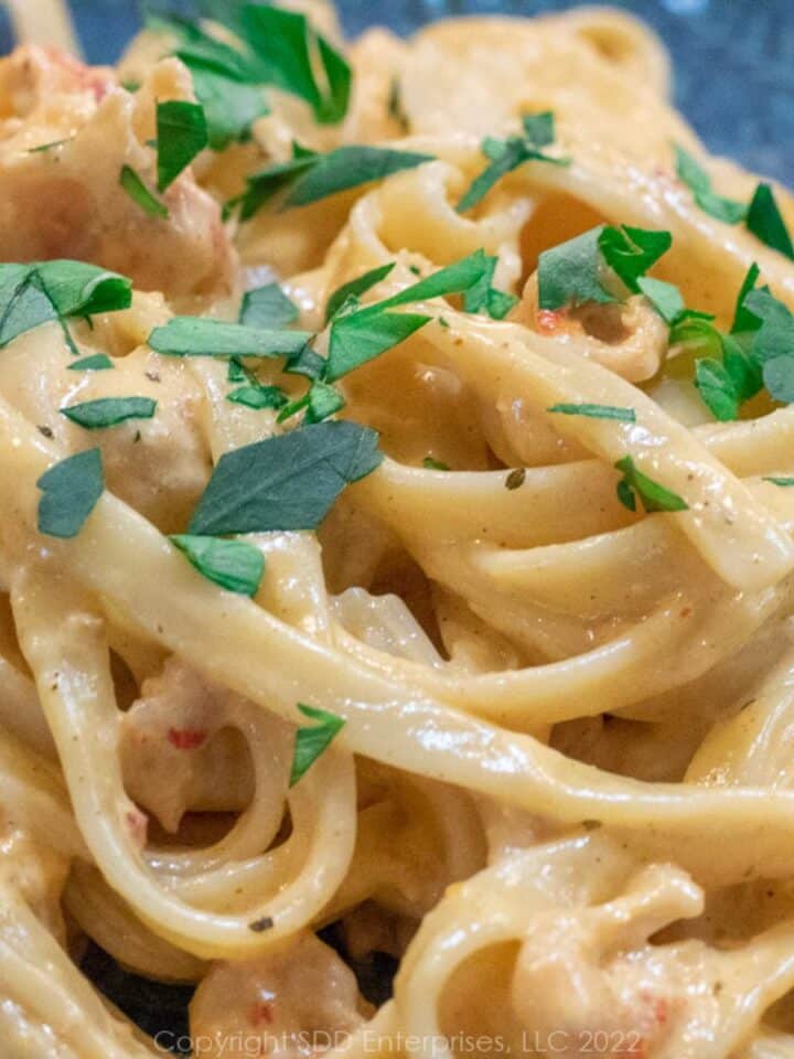 Crawfish Fettuccini Alfredo with parsley flakes on a plate.