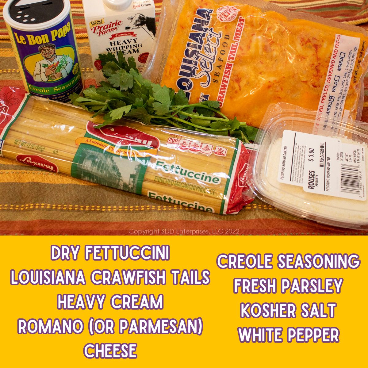 Ingredients for Crawfish Fettuccini Alfredo.