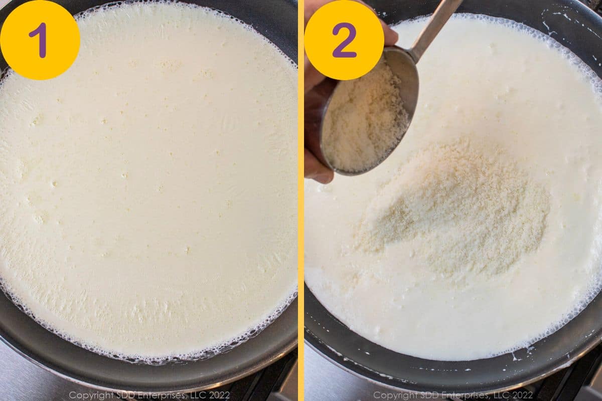 Initial steps to make alfredo sauce in a skillet.