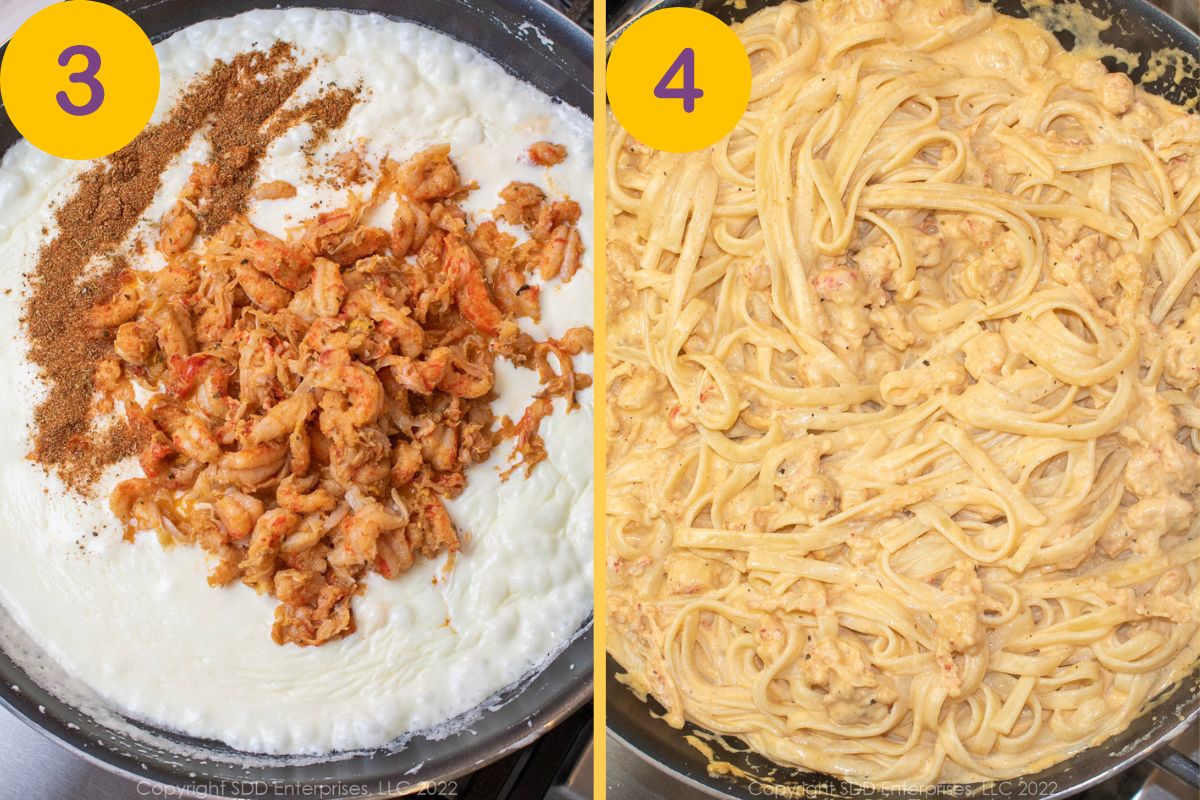 Crawfish, seasonings, and pasta added to alfredo sauce in a skillet.