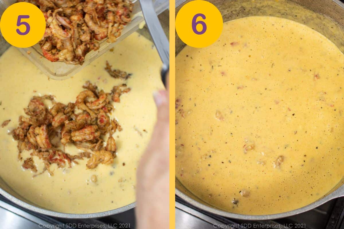 Steps to add crawfish tails to cheese sauce.