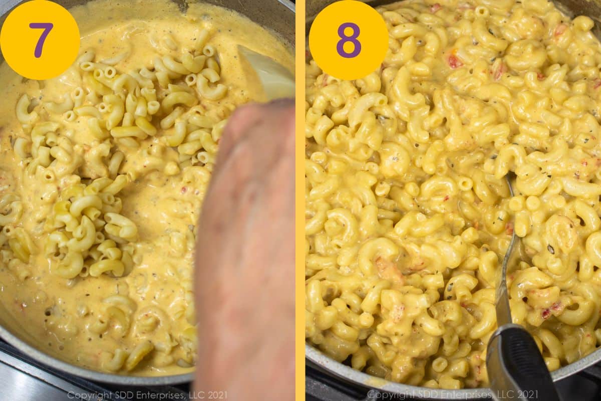 Steps to blend pasta into cheese sauce.