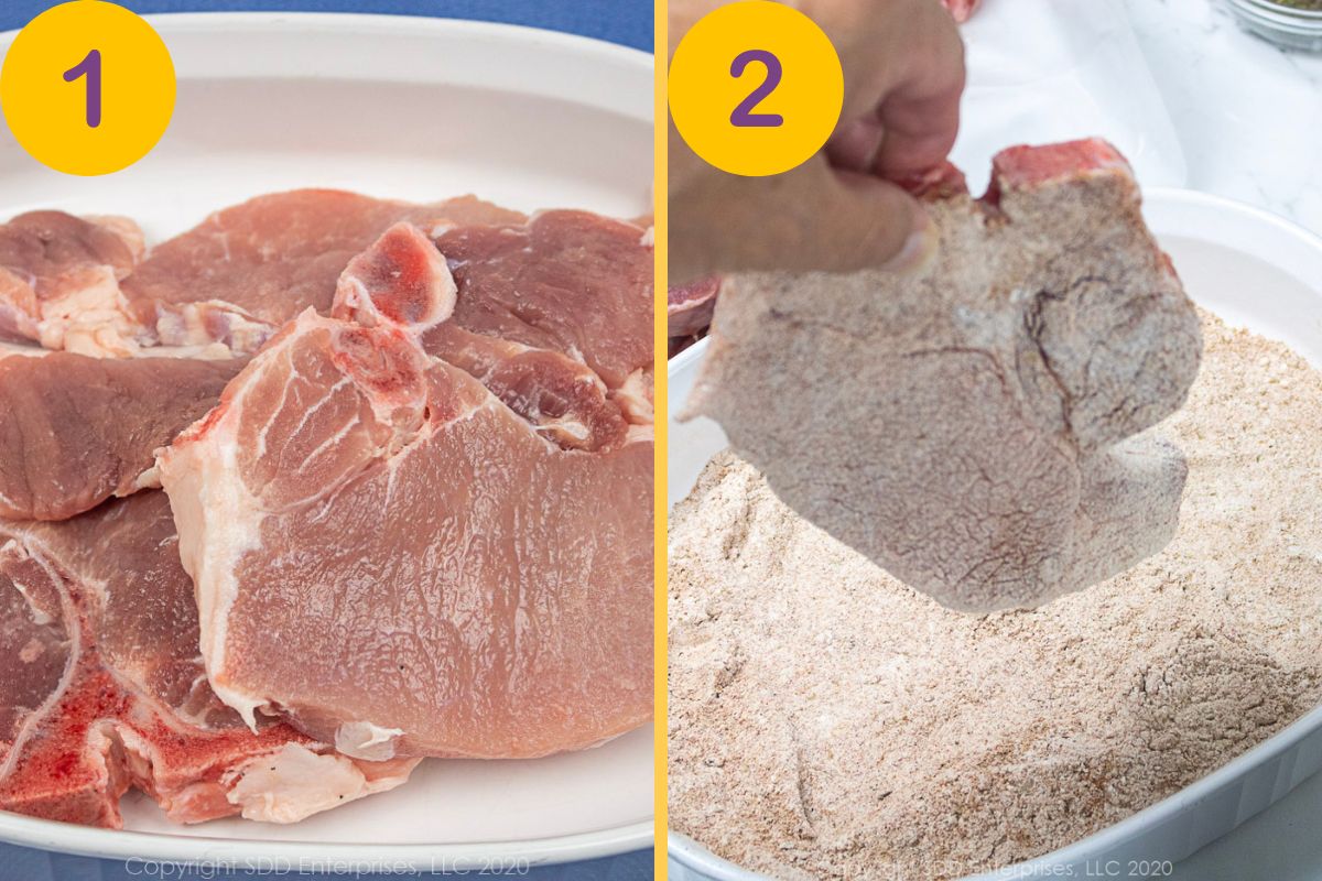 Initial steps to make smothered pork chops.