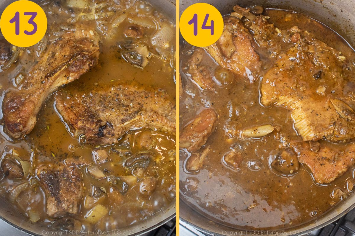 Pork chops simmering in gravy in a Dutch oven.