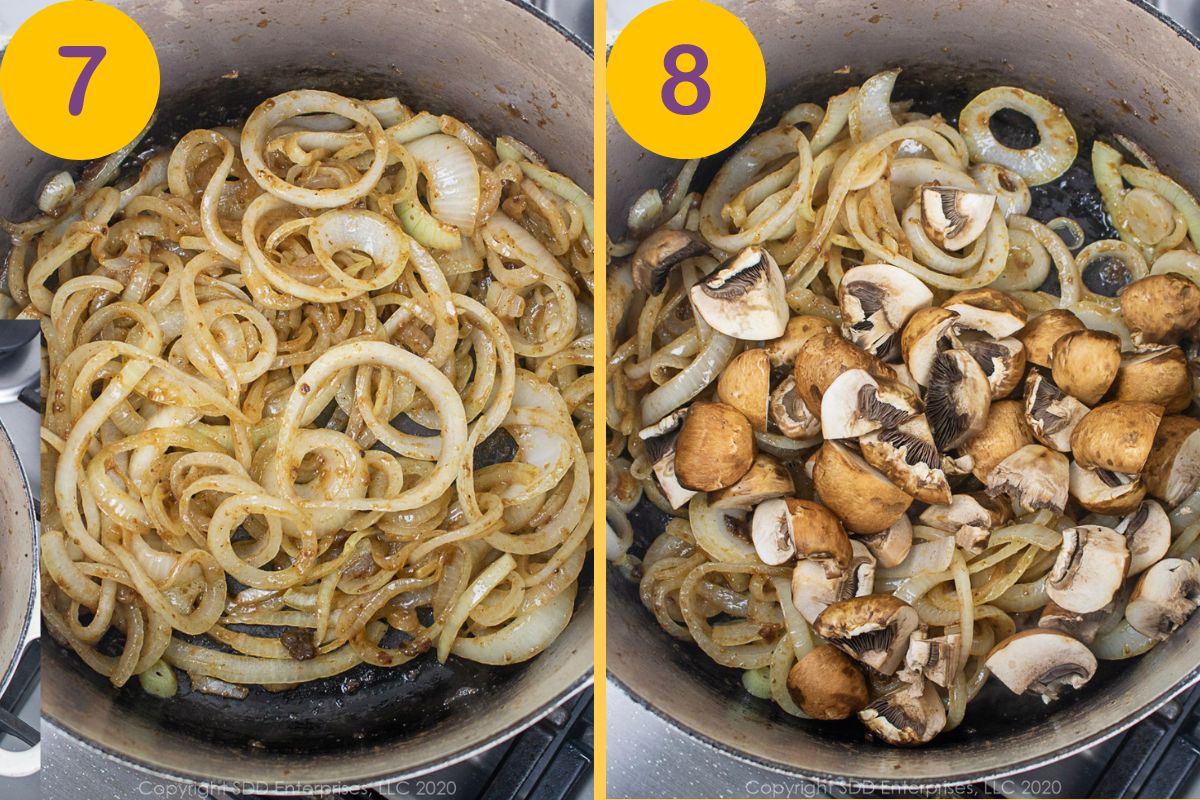 Sautéing onions and mushrooms in a Dutch oven. 