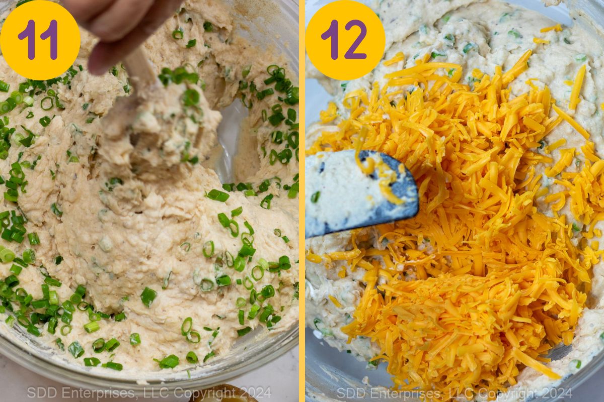 Green nions and cheese added to seasoned potatoes.