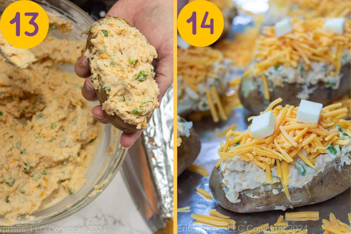 Stuffing seasoned mashed potatoes into potato shells and adding cheese and butter on top.