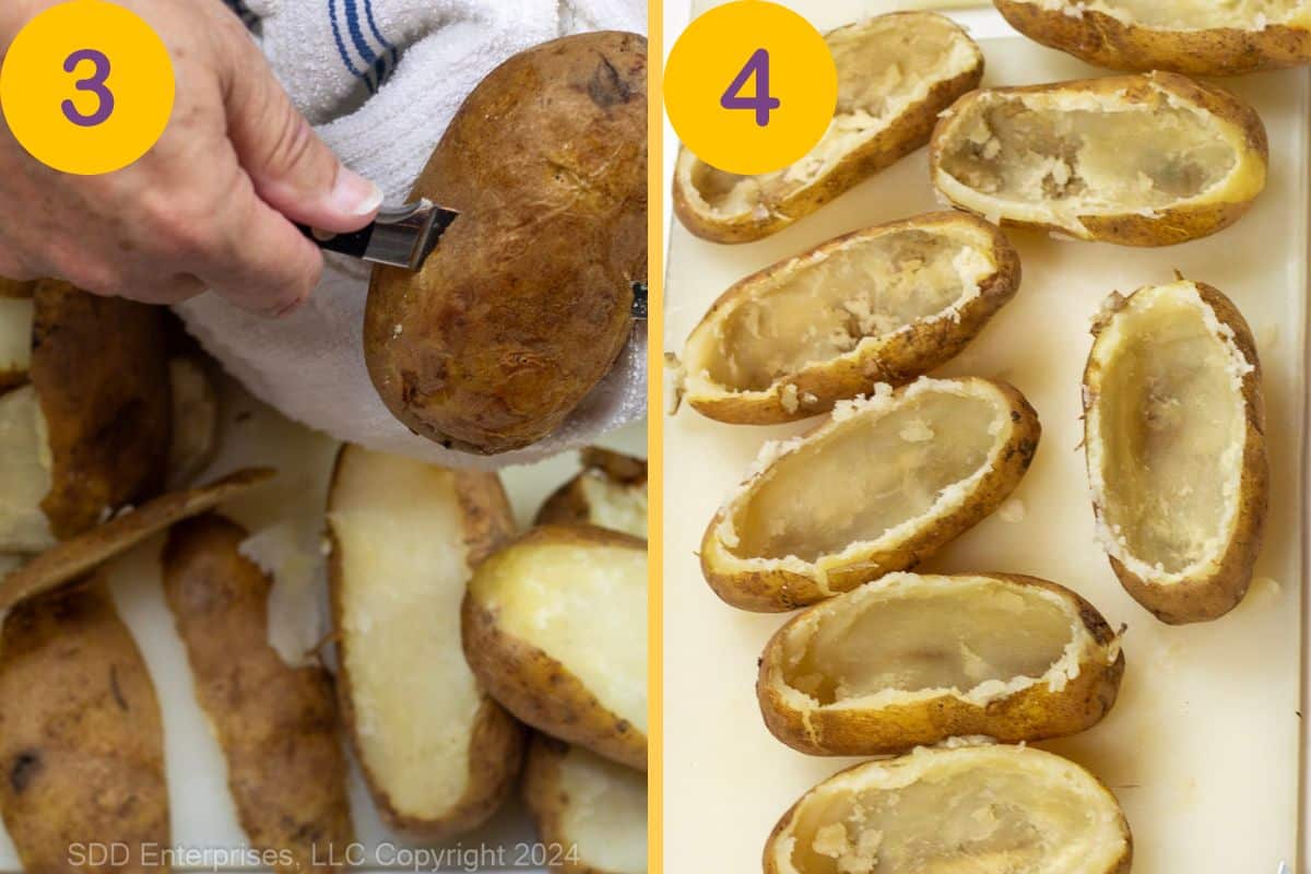 Steps to hollow out baked potatoes.