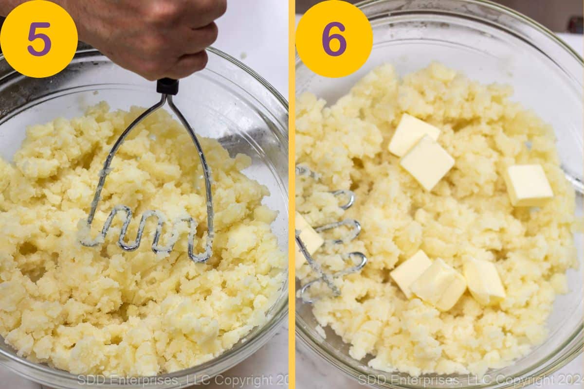 Mashing potatoes with butter in a glass bowls.