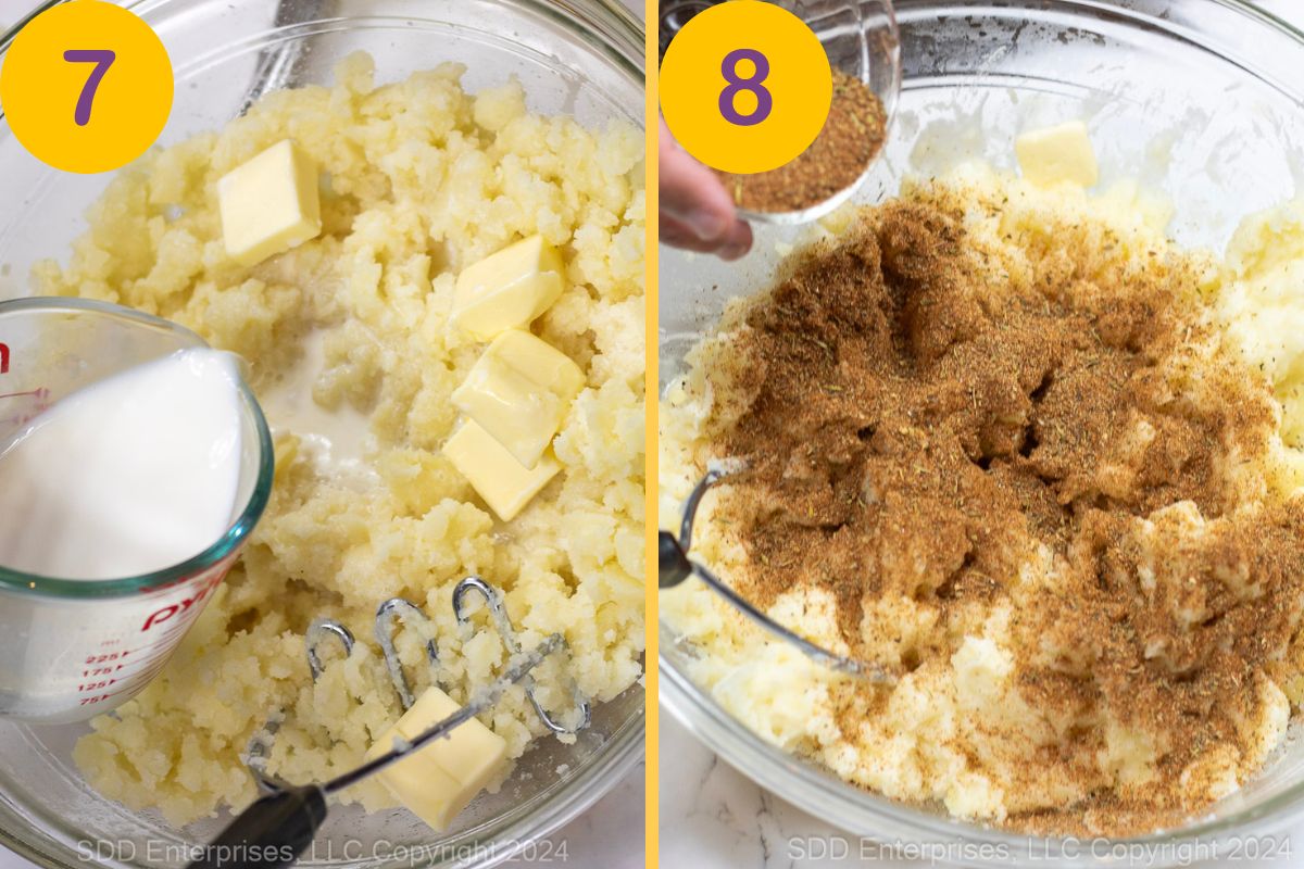 Adding milk and seasonings to potatoes for mashing.