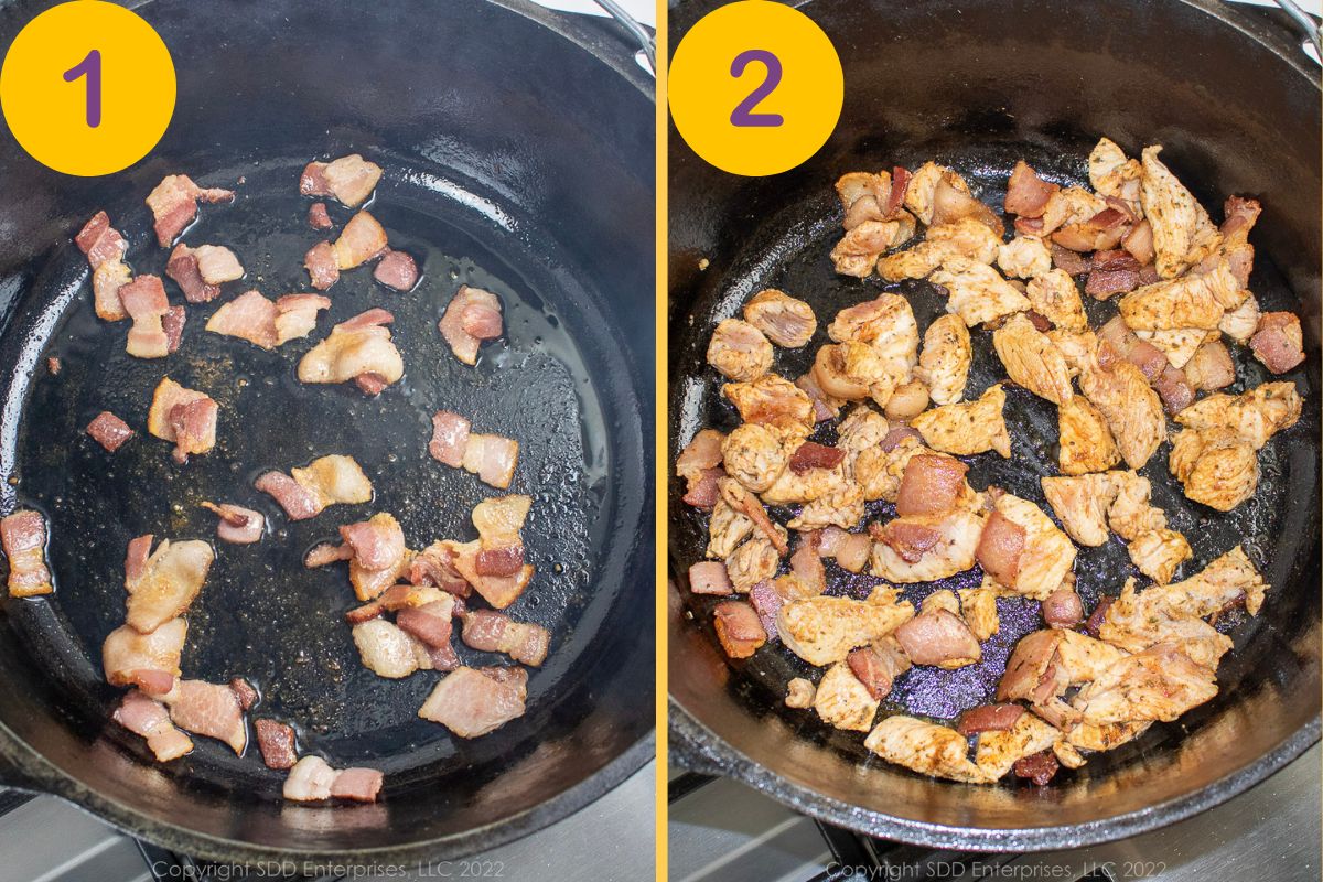 Browning bacon and pork in a cast iron skillet.
