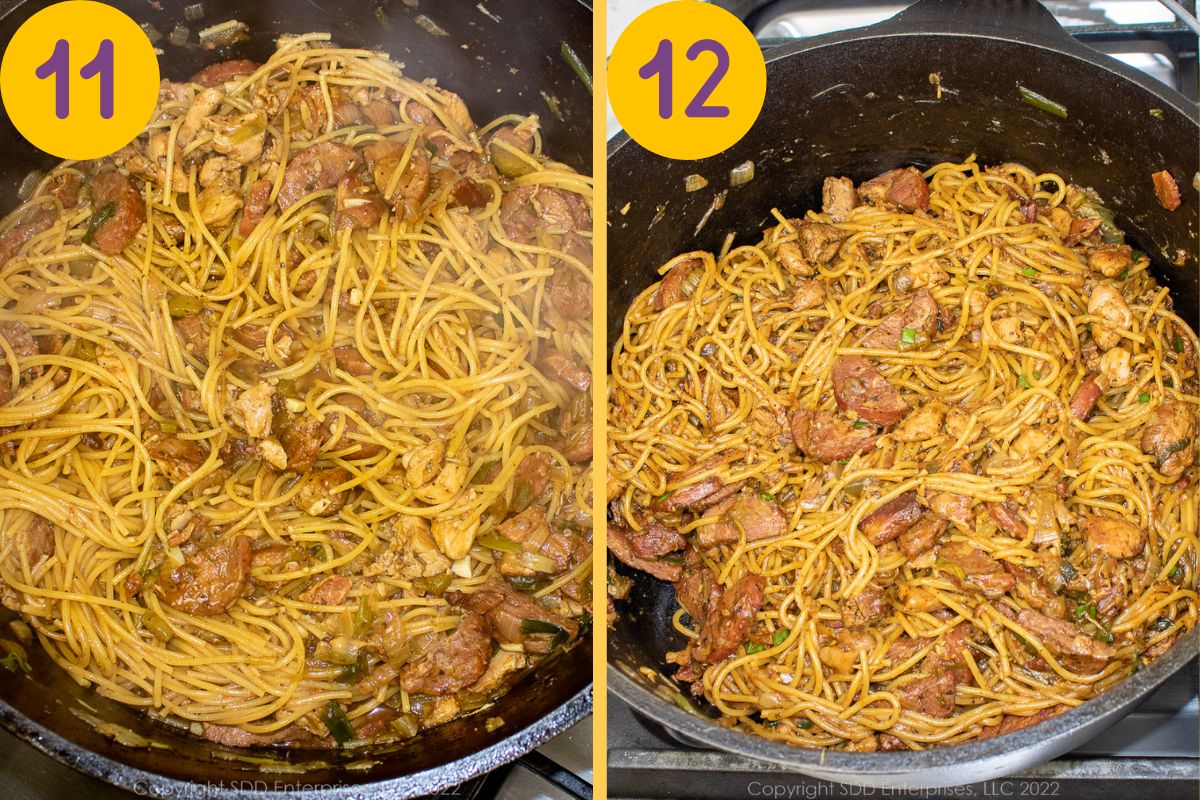 Cooking pasta in with other ingredients on a Dutch oven.