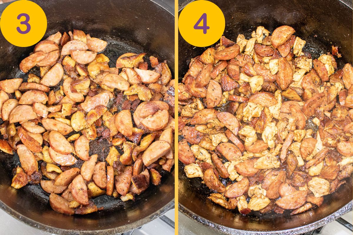 Browning sausage and chicken in the skillet with bacon and pork.
