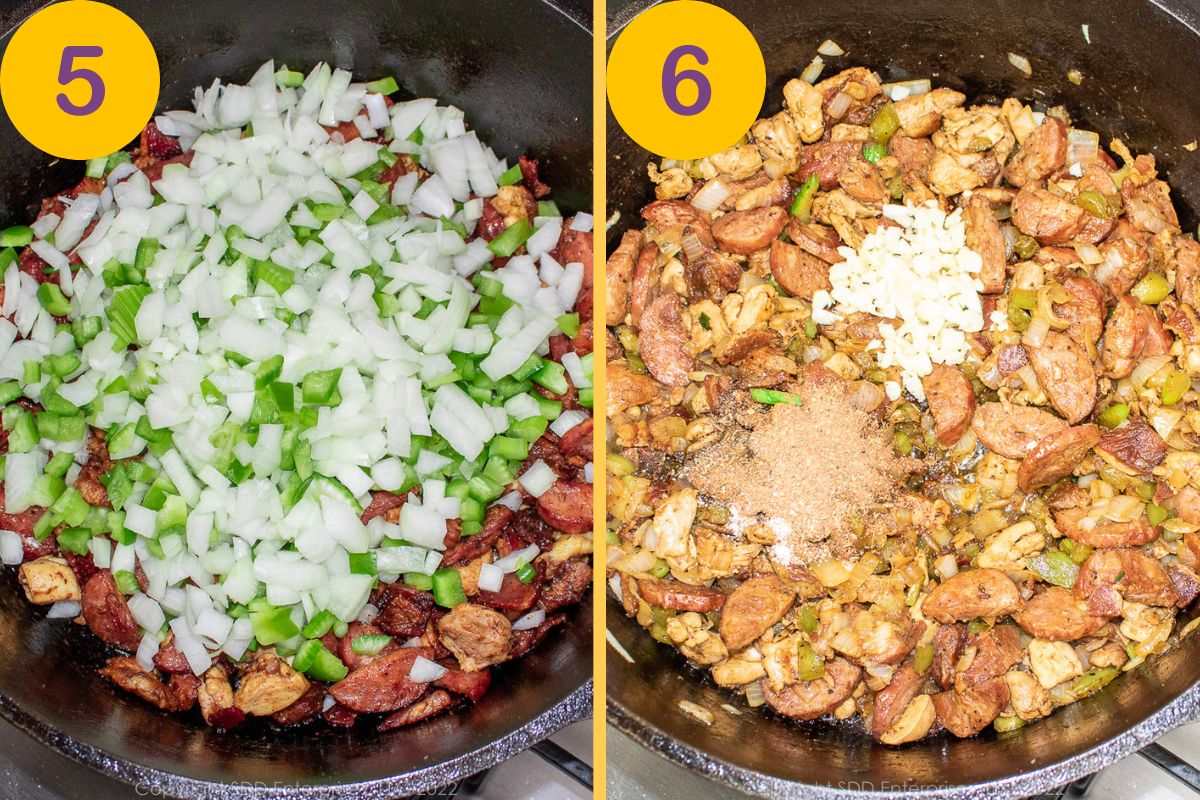 The Trinity and seasonings added to browned meats in a cast iron skillet.
