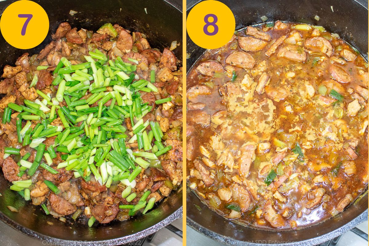 Onions and stock added to browned meat and vegetables in a cast iron skillet.
