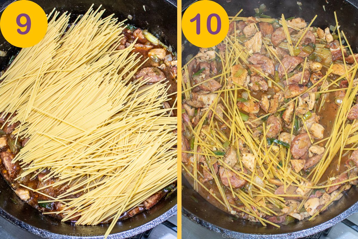 Pasta added to the Dutch oven with browned meats and vegetables with stok.
