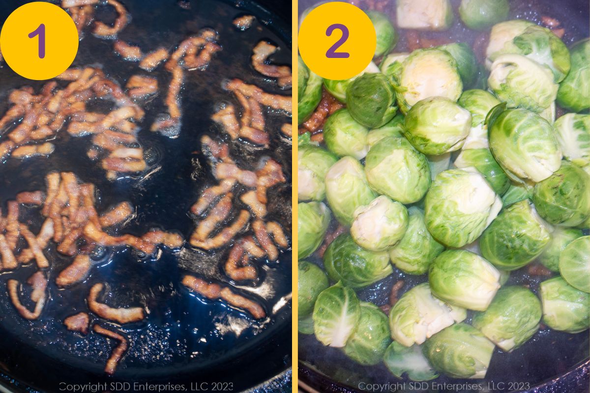 Initial steps to saute Brussels sprouts.