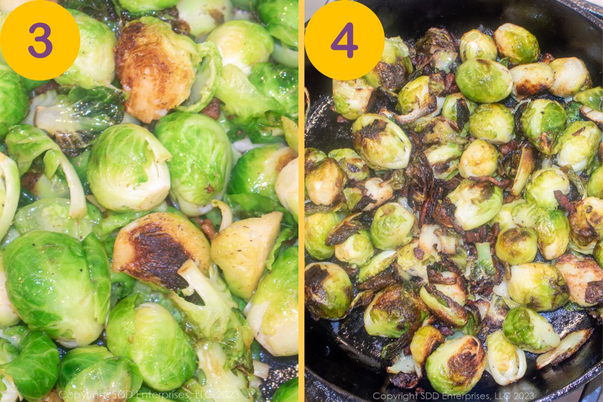 Sautéing Brussels sprouts in a cast iron skillet.