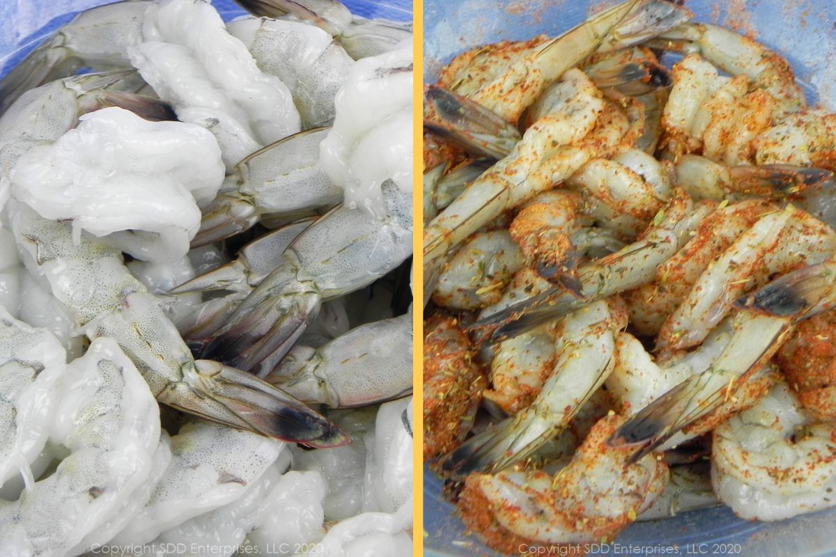 Butterflied shrimp and shrimp in seasoning.